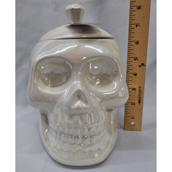 Halloween Decor Iridescent White Ceramic Skull Jar Canister With Lid - Picture 3 of 13